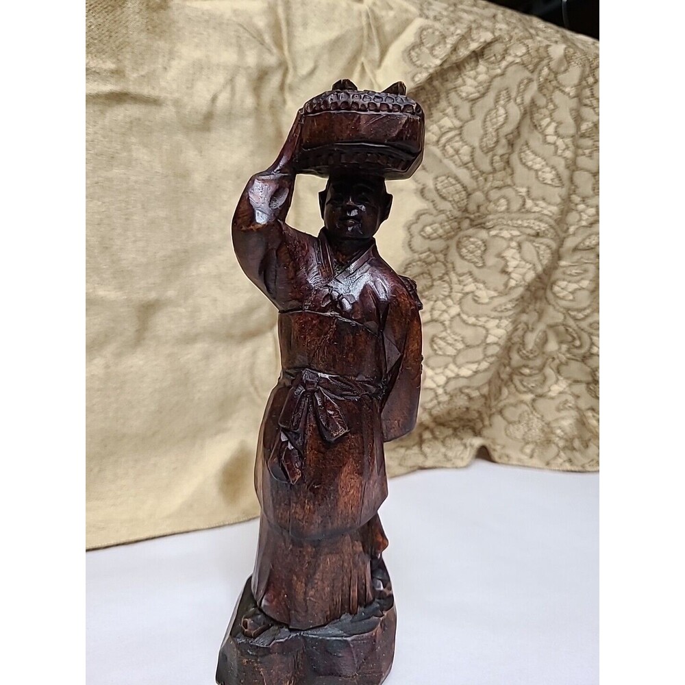 Wooden Hand Carved Person Carrying Baby On Back Asian style - Vintage